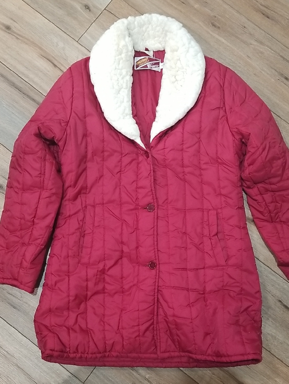 Women's Burgundy Quilted Puffer Coat with Faux Shearling Collar